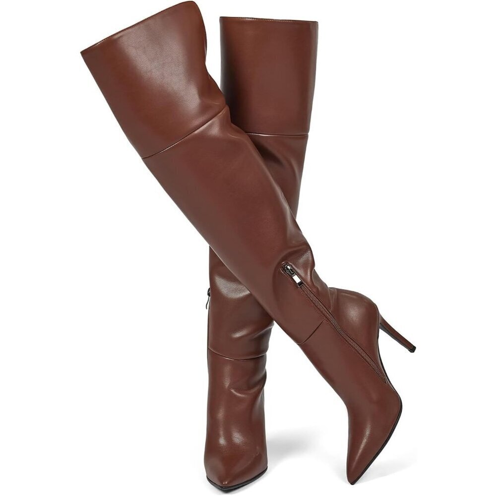 Women Brown Faux Leather Ponited Toe Zipper up Thigh High Stiletto Heel Boot
